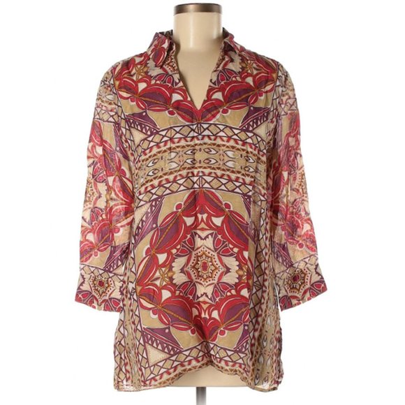 None Tops - Linen Blend Printed Tunic Shirt Top